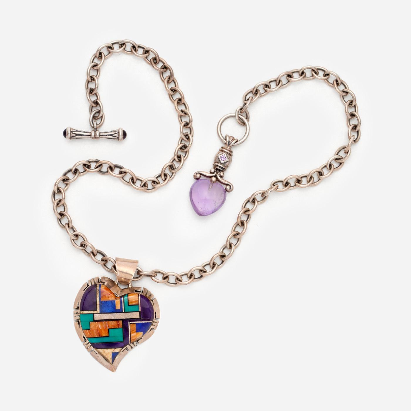 Appraisal: ALVIN YELLOWHORSE GEMSTONE INLAY HEART PENDANT W CHAIN Alvin Yellowhorse