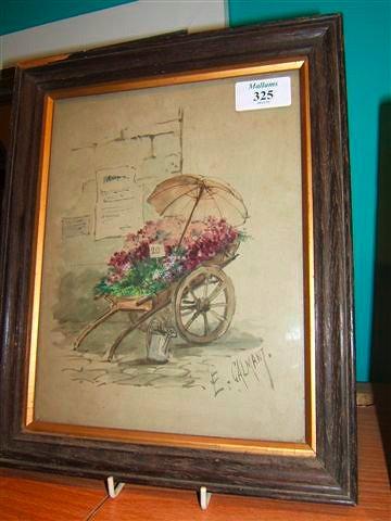 Appraisal: E Calmant a barrow full of purple flowers watercolour signed