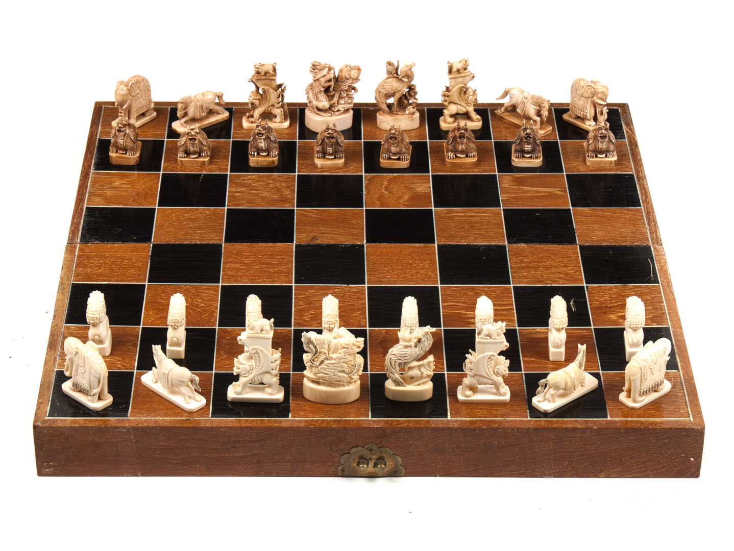 Appraisal: Chinese carved ivory chess set carved ivory chessmen stained brown