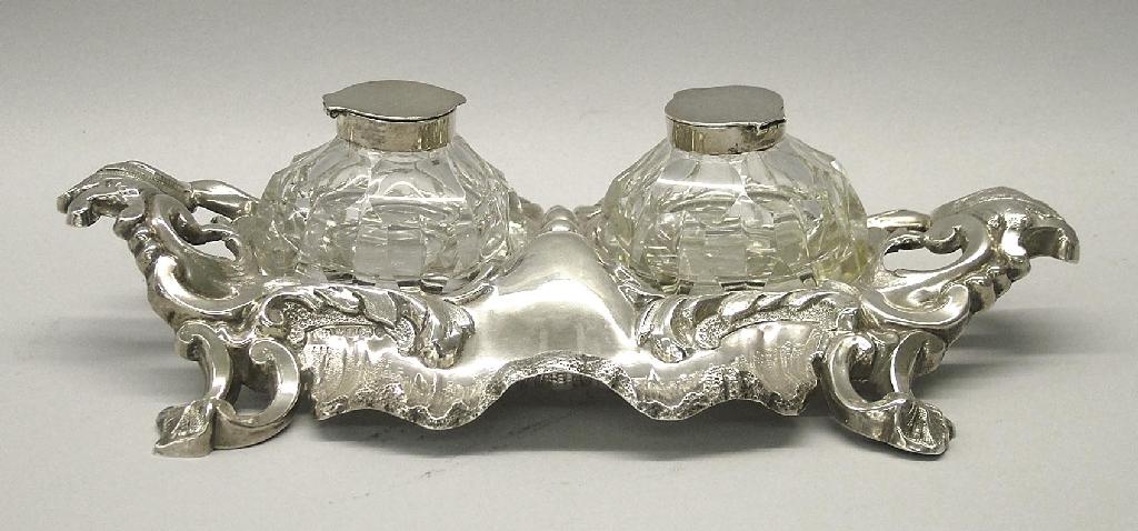 Appraisal: Victorian silver rococo two bottle inkstand cast and pierced with