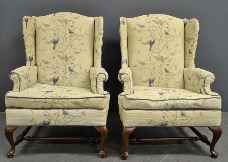 Appraisal: - Pair of Queen Anne style mahogany wing chairs by