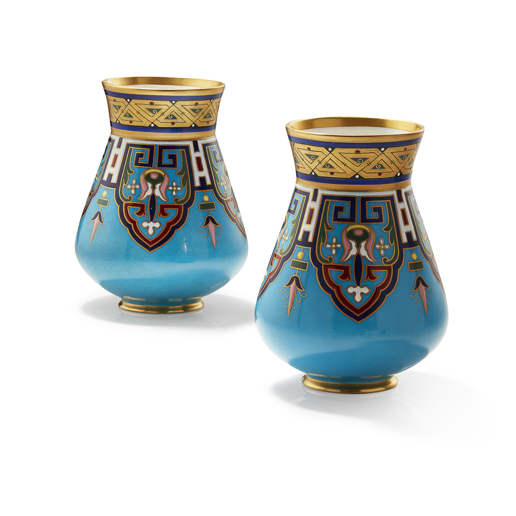 Appraisal: CHRISTOPHER DRESSER - FOR MINTON PAIR OF PORCELAIN VASES CIRCA