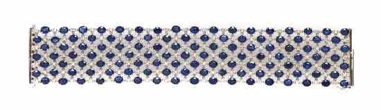 Appraisal: An Karat White Gold Diamond and Sapphire Meshwork Bracelet containing