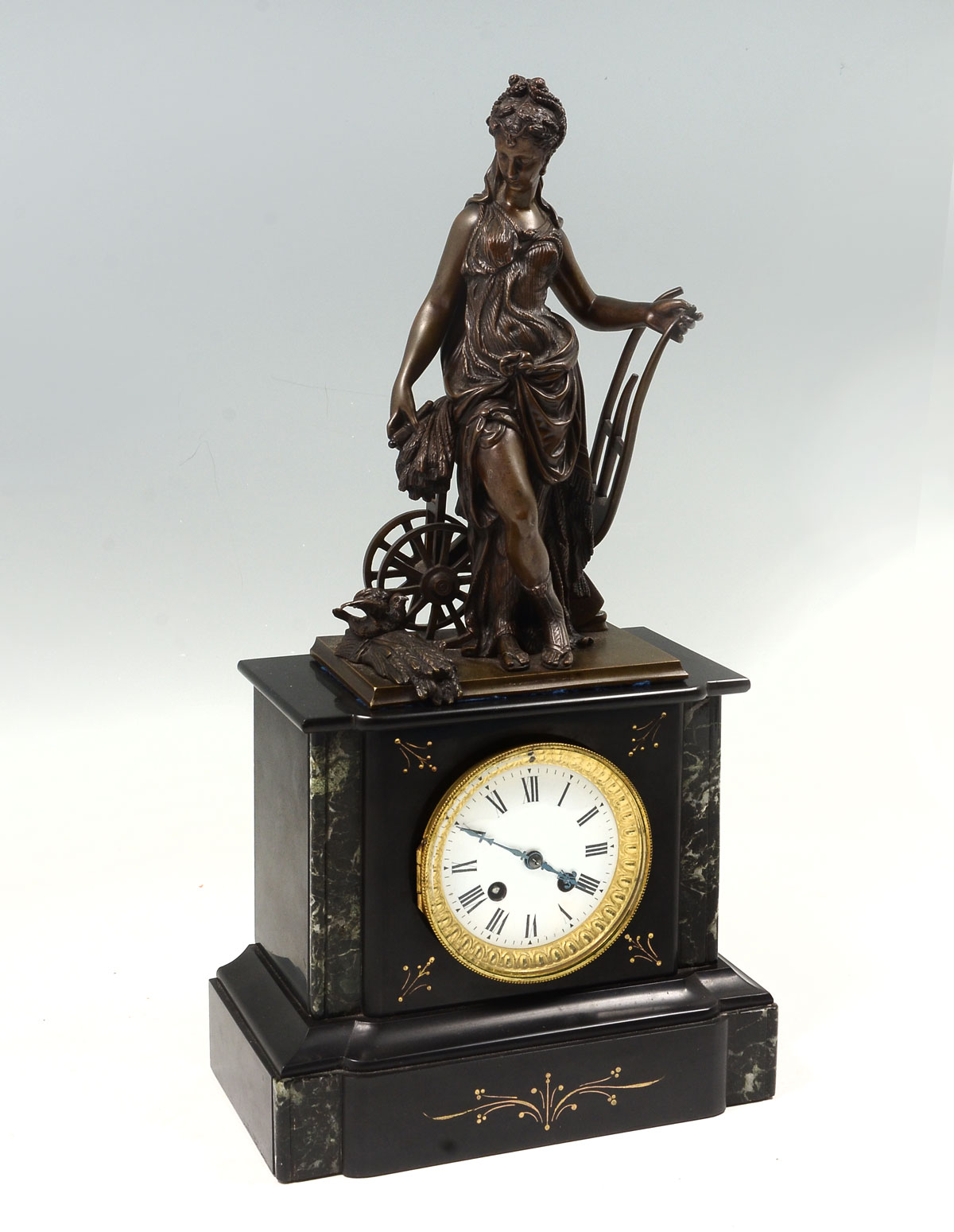 Appraisal: PIECE CLOCK SET WITH BRONZE GIRL AND PLOW pc clock