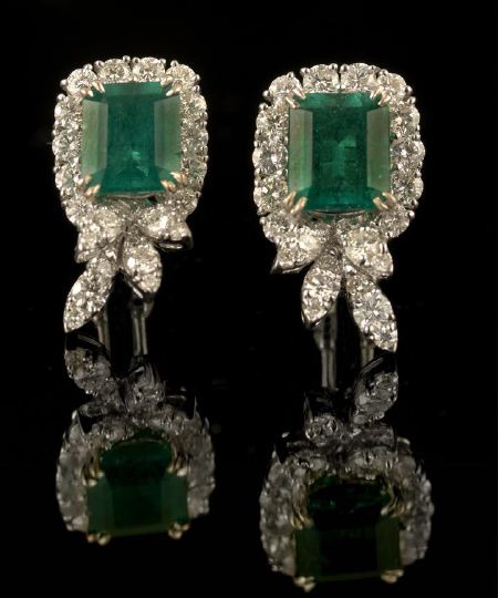 Appraisal: Pair of Eighteen-Karat White Gold Emerald and Diamond Earrings each