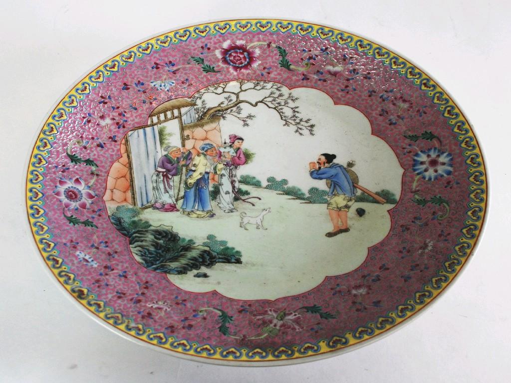 Appraisal: Chinese enamelled porcelain circular PLAQUE shallow dished form the interior