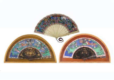 Appraisal: Three Chinese painted paper fans depicting figures in various pursuits