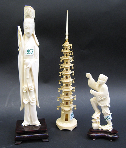 Appraisal: THREE CHINESE CARVED IVORY FIGURES woman tall mounted on hardwood