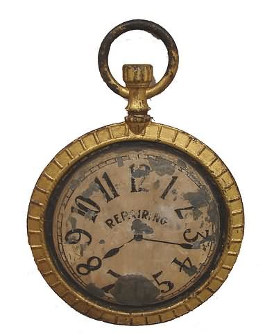 Appraisal: Iron pocket watch form double-sided gold decorated frame surrounding a