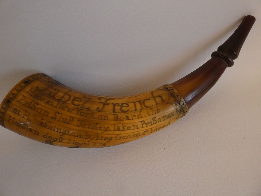 Appraisal: SCRIMSHAW POWDER HORN Revolutionary War powder horn JACOB FRENCH MADE