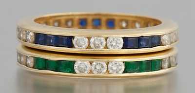 Appraisal: A Pair of Diamond Sapphire and Emerald Eternity Bands k