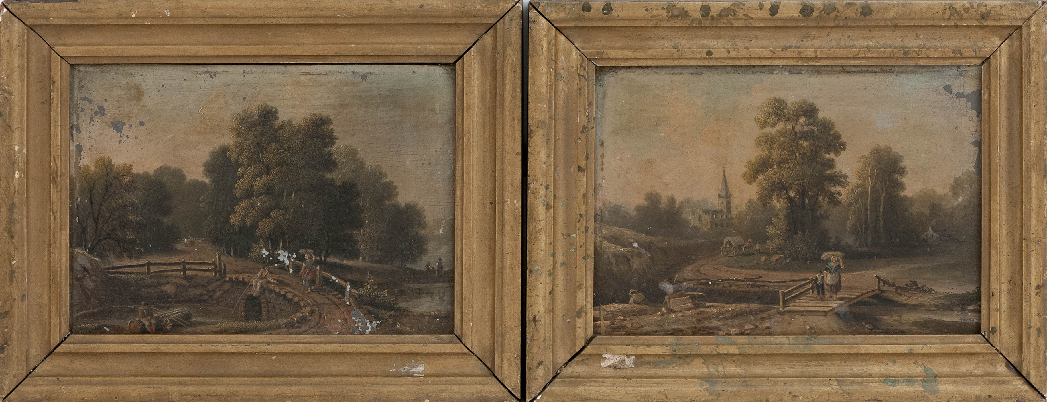 Appraisal: AMERICAN SCHOOL th CenturyPair of landscapes with bridges One depicts