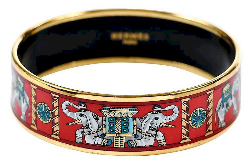 Appraisal: Herm s Bangle Bracelet gold-tone rim red background with elephant