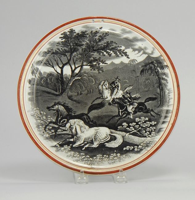 Appraisal: STAFFORDSHIRE PEARLWARE EQUESTRIAN PLAQUE Circa With black transfer decoration of