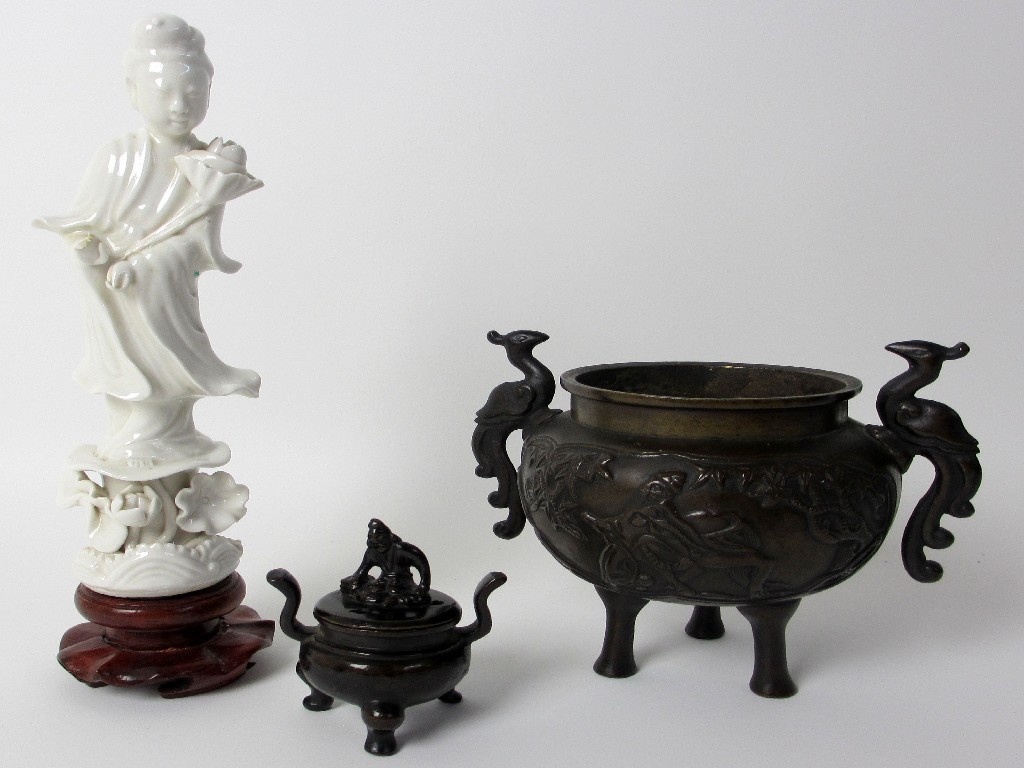 Appraisal: A bronze miniature censer and cover with figure finial cm