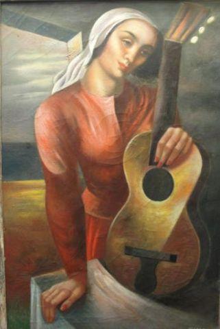 Appraisal: LENSON Michael Oil on Canvas Woman with Guitar Signed lower