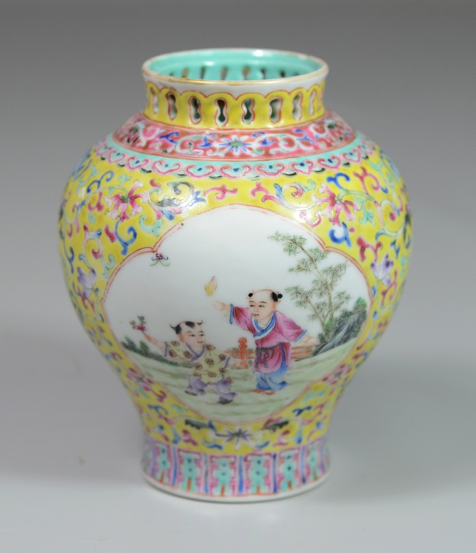 Appraisal: Chinese Famille Jaune enamel decorated vase with pierced rim mark