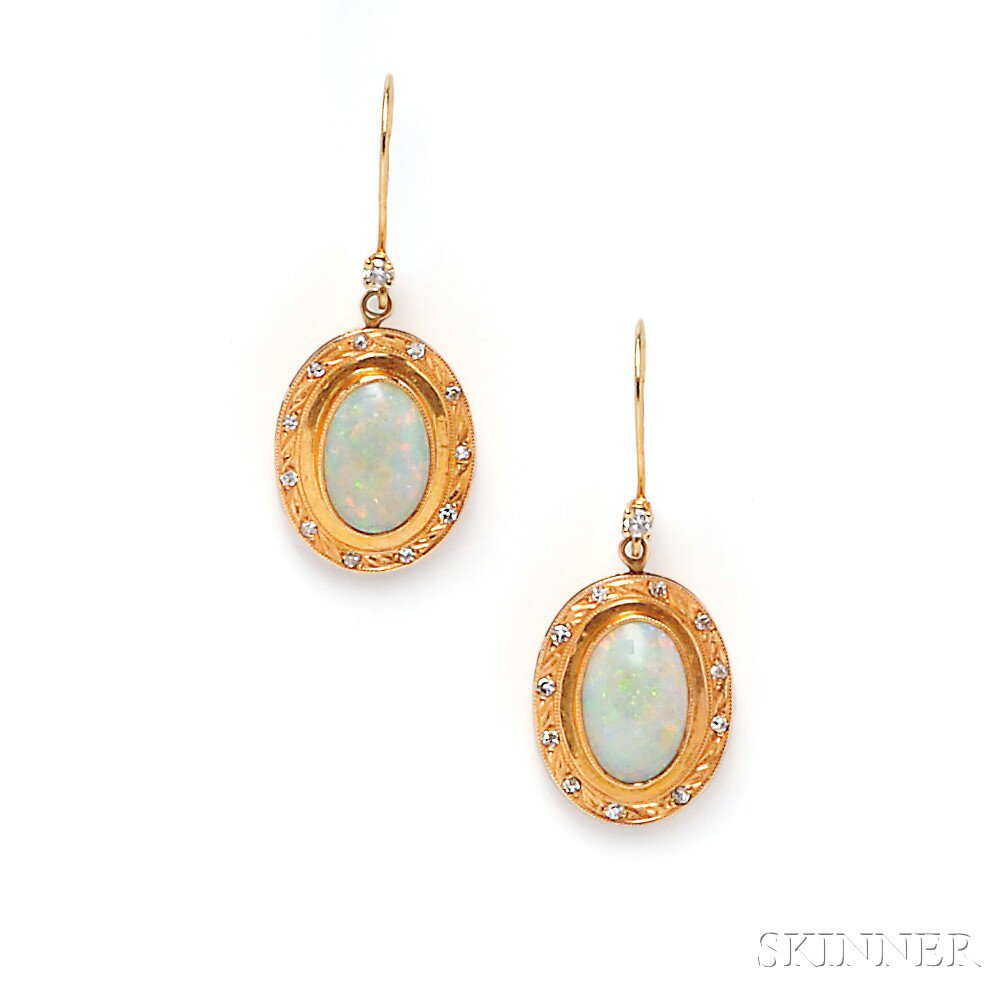 Appraisal: kt Gold Opal and Diamond Earpendants each set with an