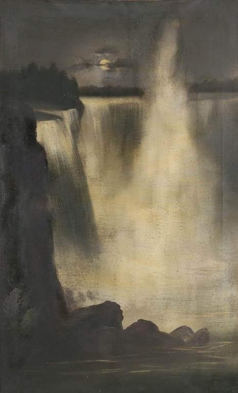 Appraisal: OIL ON CANVAS MOONLIGHT WATERFALLOil on canvas waterfall landscape at