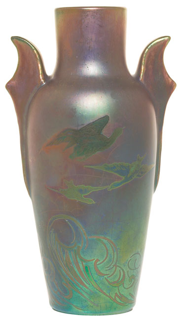 Appraisal: Massier vase two applied fishtail handles covered with an iridescent