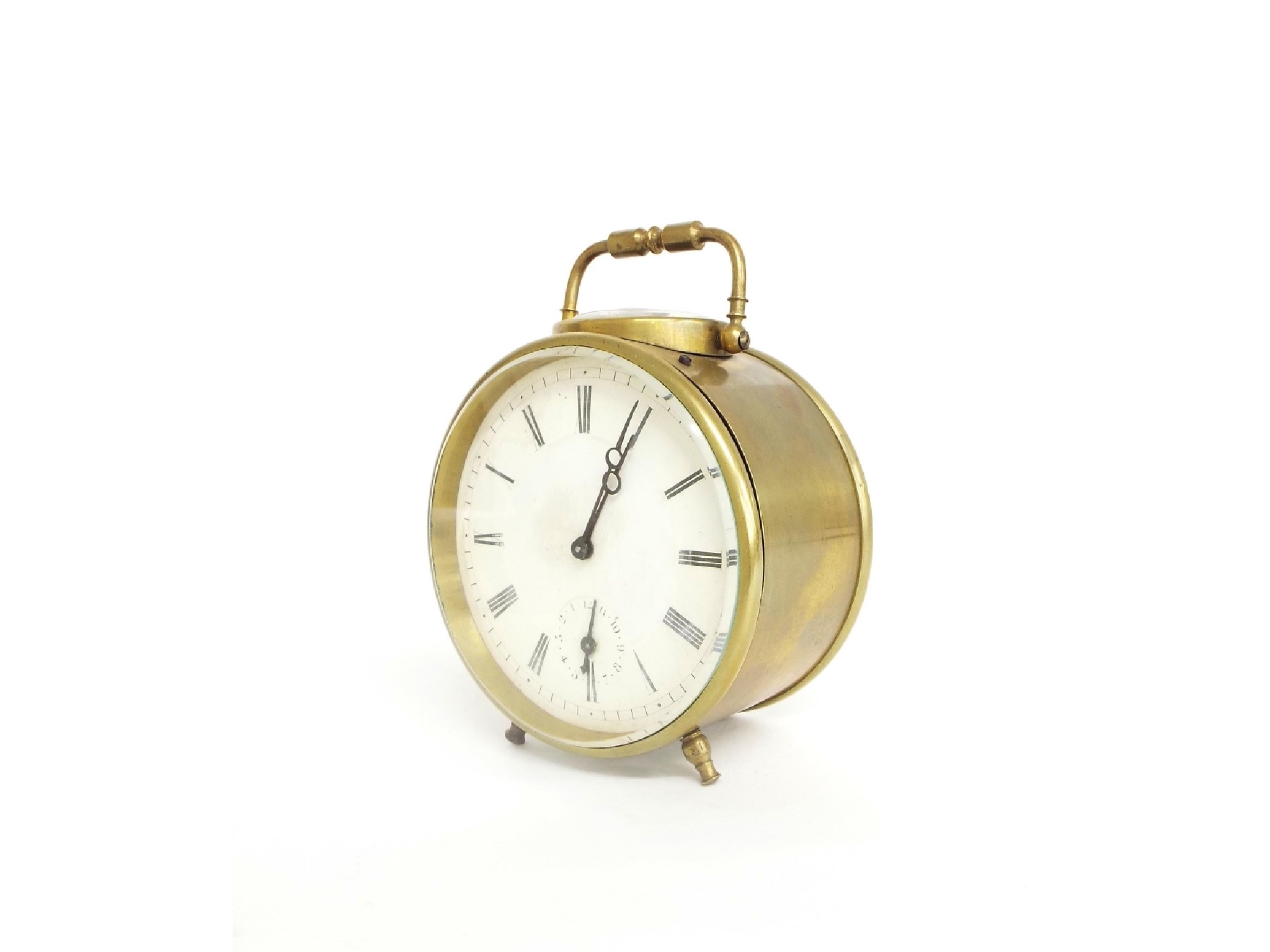 Appraisal: Brass drumhead coach timepiece with alarm the white dial with