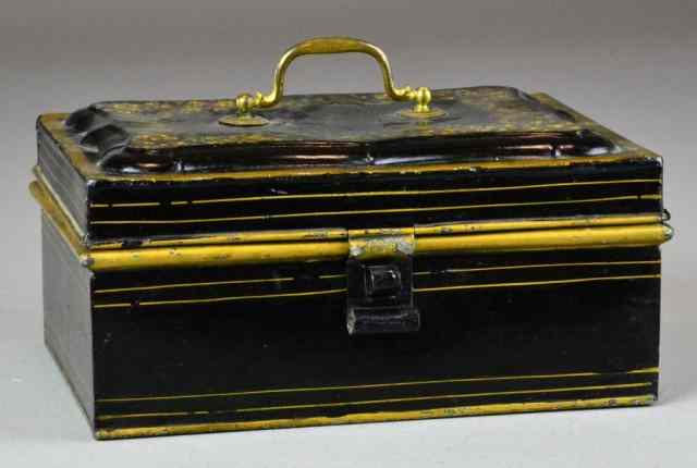 Appraisal: Toleware Hinged Document Box with HandleBlack painted tin ware with