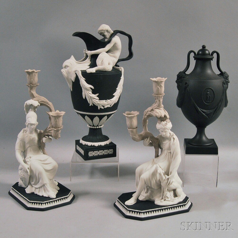 Appraisal: Four Boxed Modern Wedgwood Black Jasper Items two figural candelabra