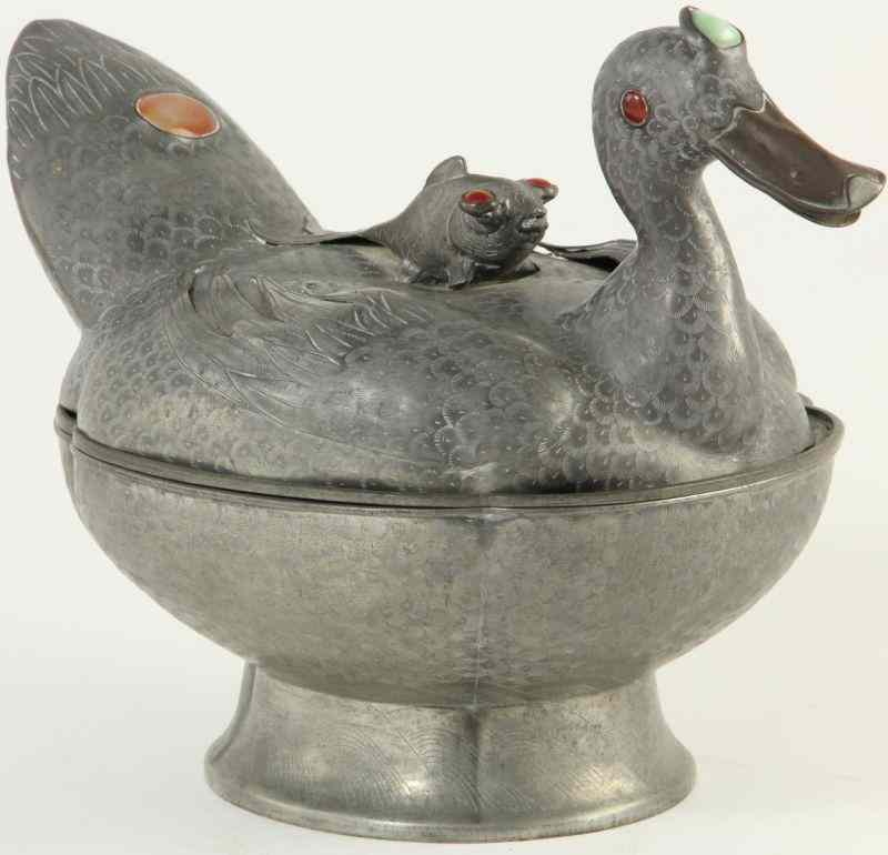 Appraisal: Chinese Pewter Duck Shaped Covered Dishearly th century three pieces