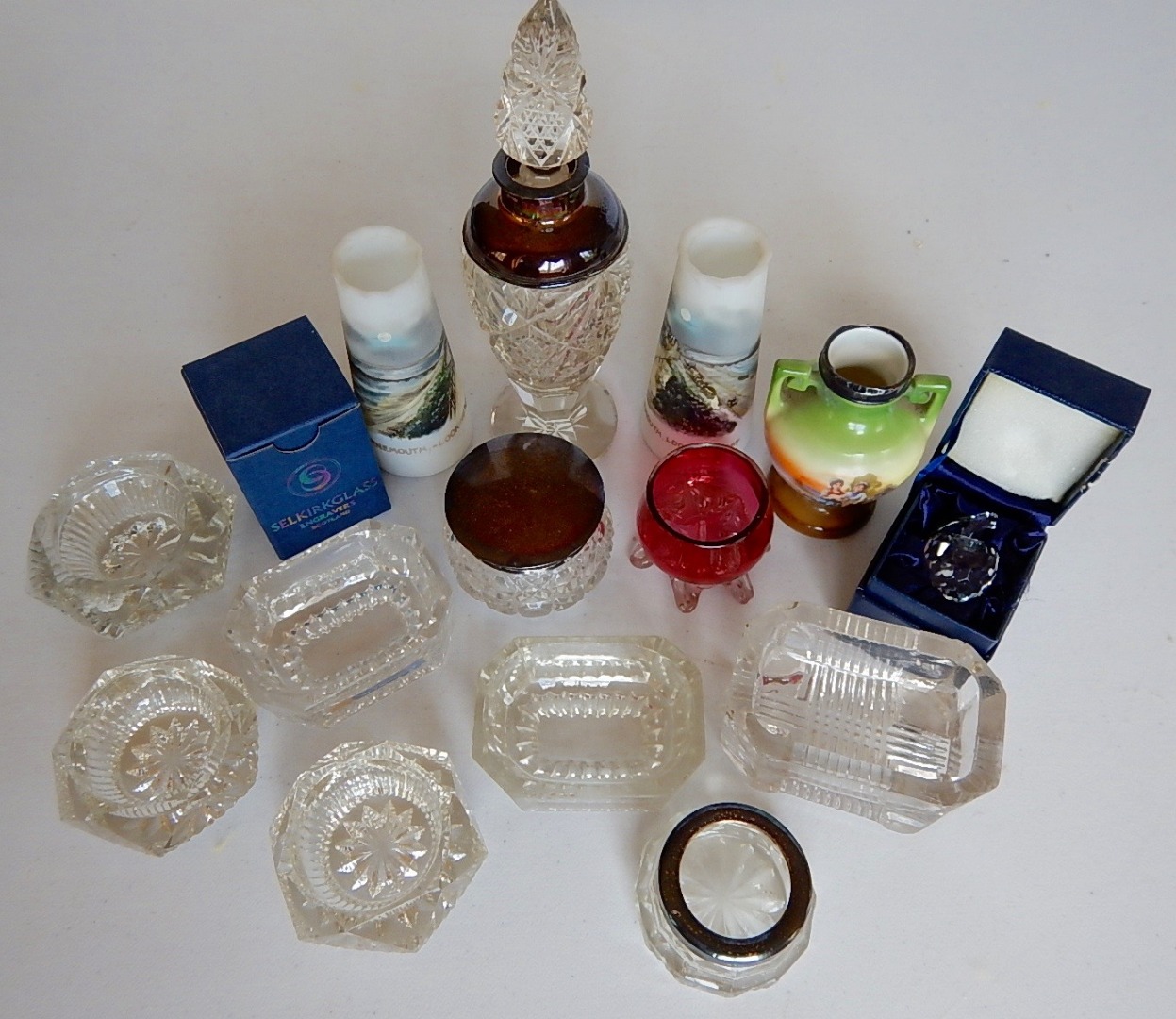 Appraisal: A collection of glass salts silver mounted toilet jar a