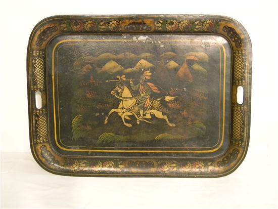 Appraisal: Tole tray oblong stenciled decoration of a knight on horseback