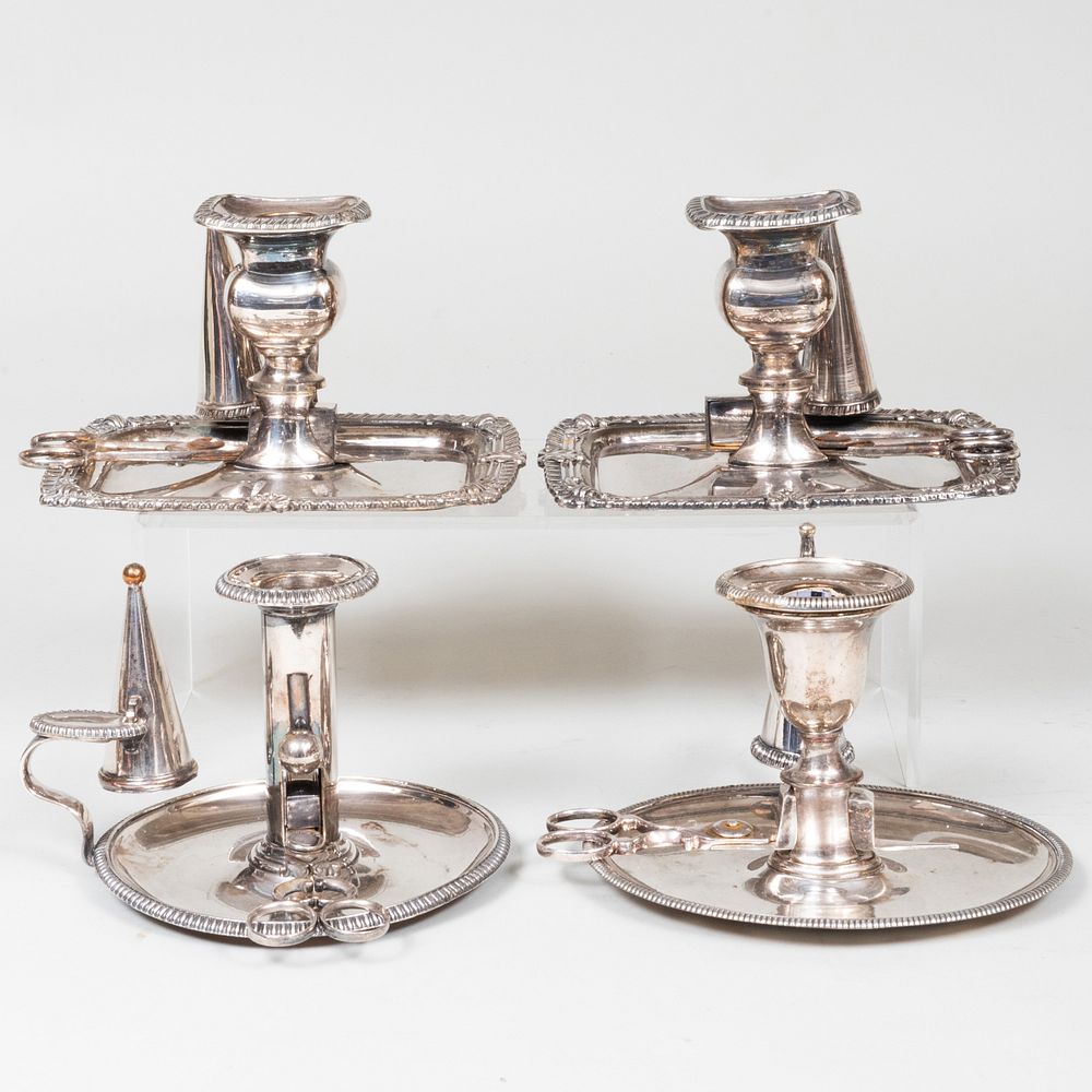 Appraisal: Group of Four Silver Plate Chamber Sticks Comprising A pair