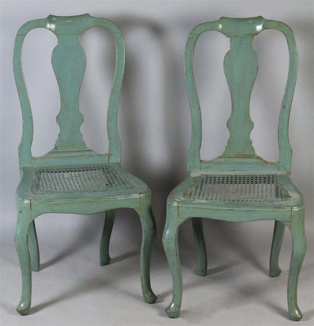 Appraisal: PAIR OF QUEEN ANNE STYLE GREEN PAINT DECORATED SIDE CHAIRS