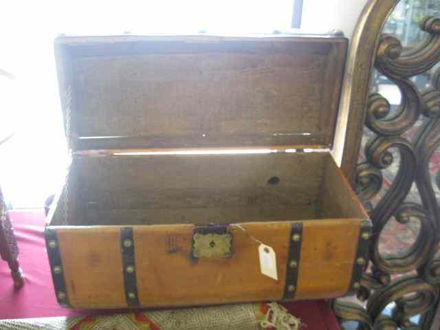 Appraisal: Early Wooden Trunk dome top metalstraps brass trim early th