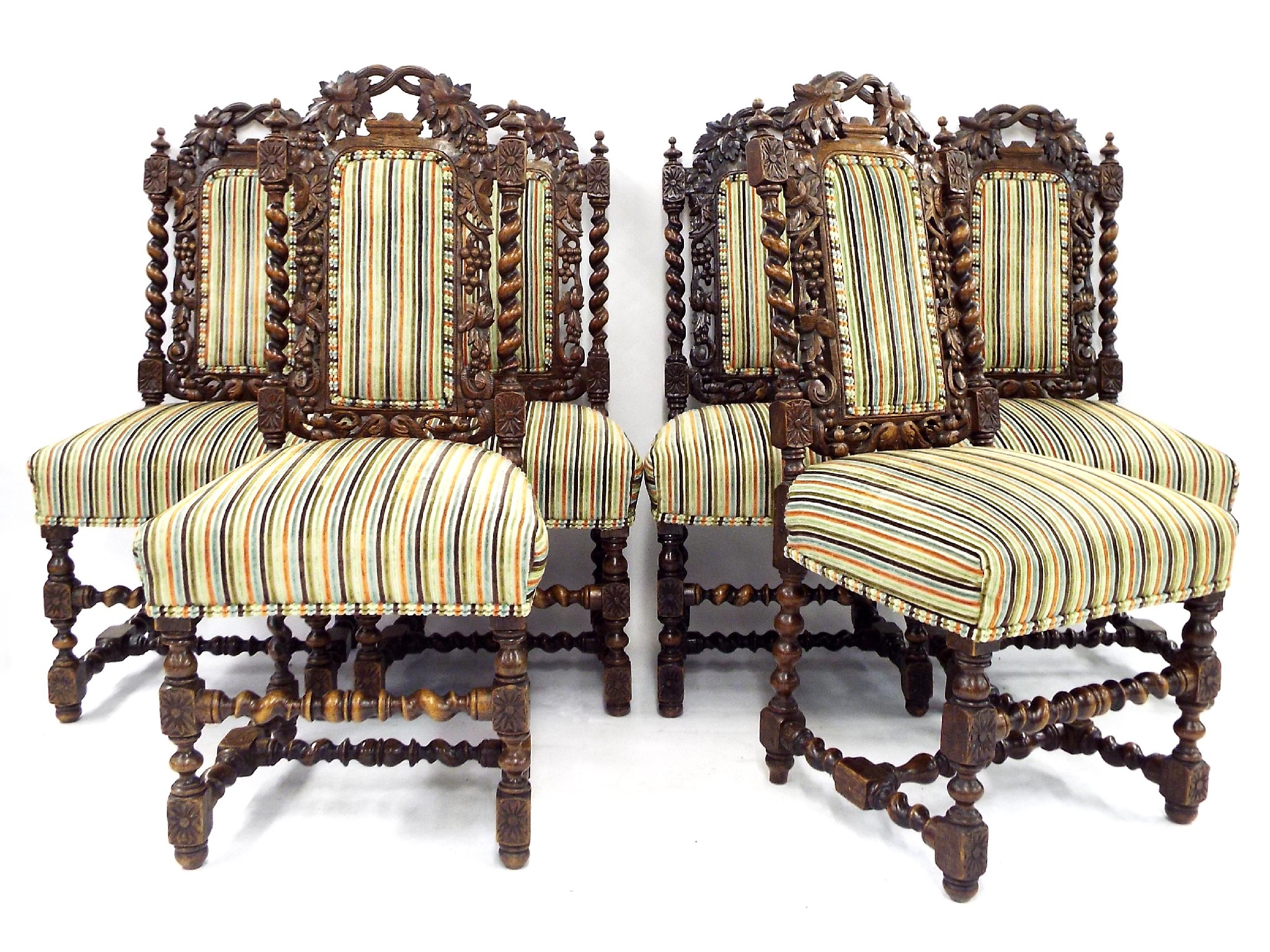 Appraisal: Set of six oak barley twist dining chairs with striped