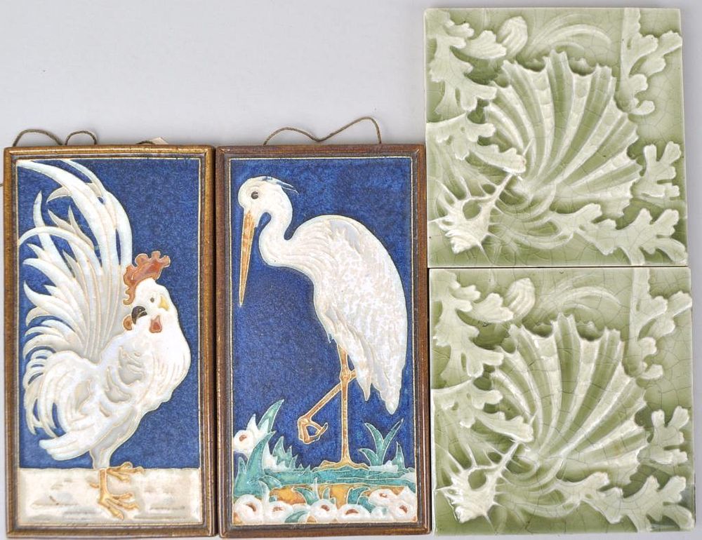 Appraisal: Group Four Decorative Tiles Bird Shell Themes comprising two 's