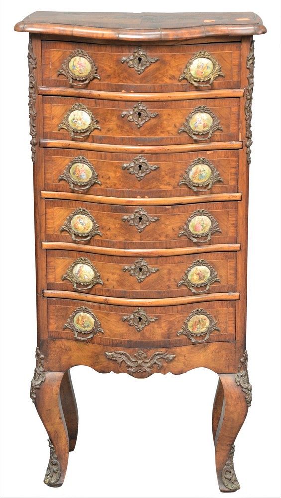 Appraisal: Diminutive Burlwood Chest having six drawers each with two porcelain