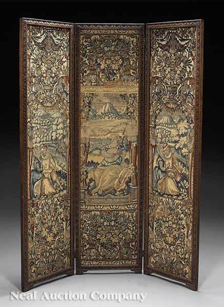 Appraisal: A Good French Carved Mahogany and Brussels Tapestry Three-Panel Folding