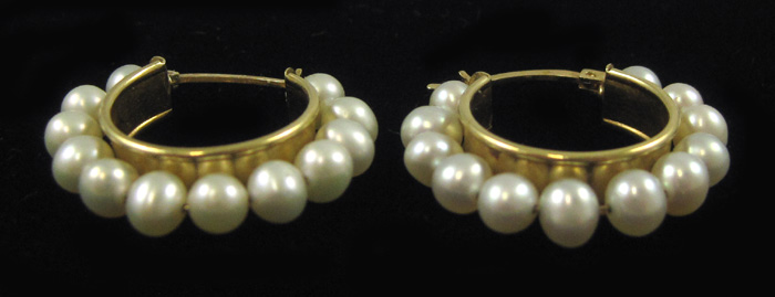 Appraisal: PAIR OF PEARL HOOP EARRINGS each k yellow gold with