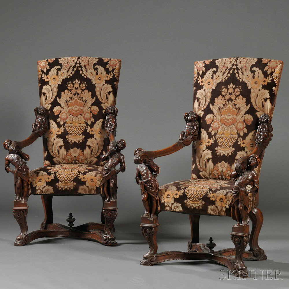 Appraisal: Pair of Venetian Baroque-style Carved Walnut Armchairs late th century