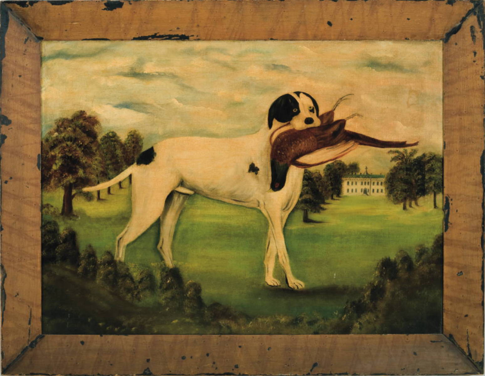 Appraisal: BRITISH PRIMITIVE PAINTING OF A HUNTING DOG WITH BIRD IN