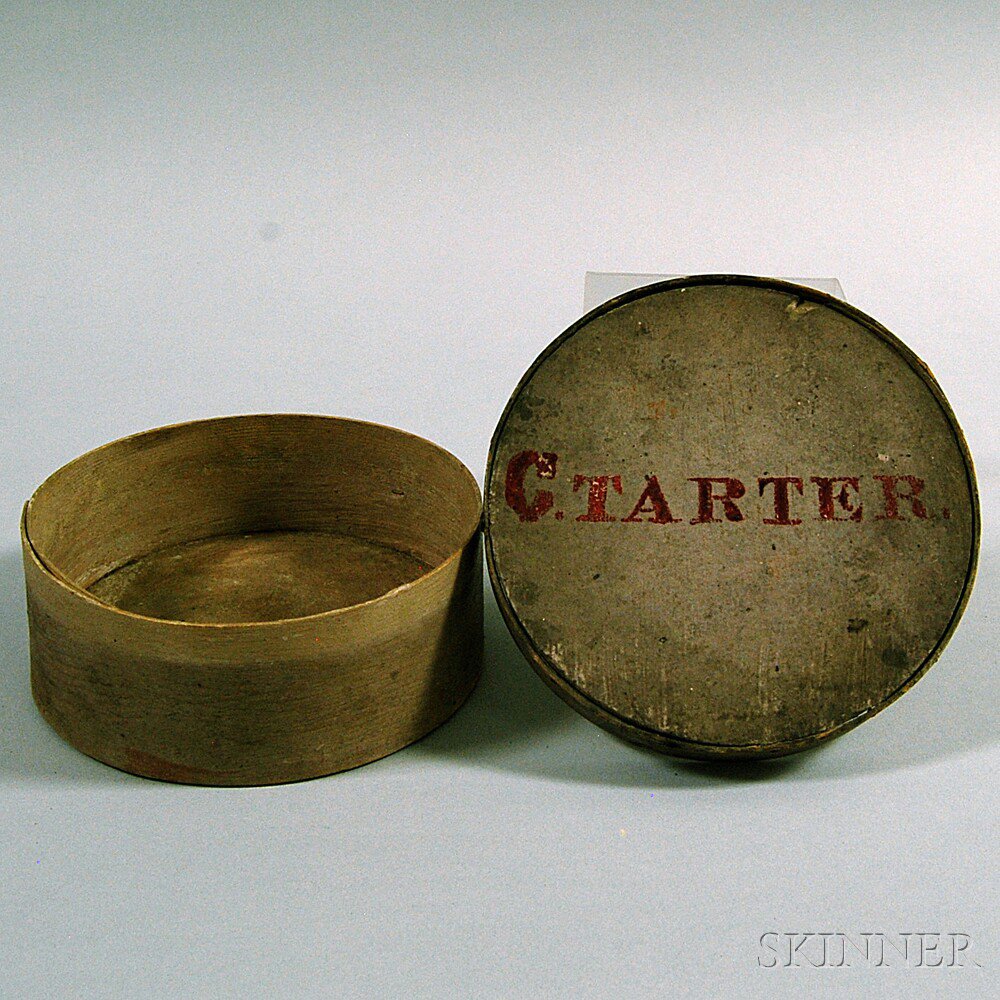 Appraisal: Round Gray-painted Storage Box New England th century lid inscribed