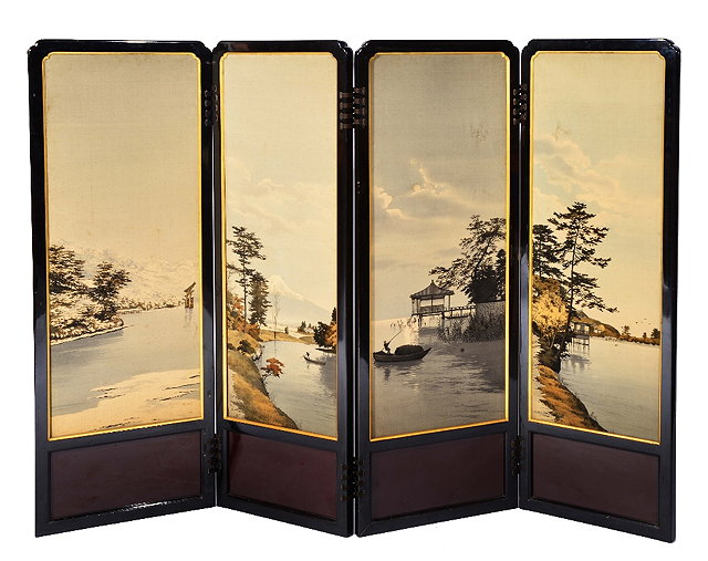 Appraisal: Japanese silk folding screenthe panels with lake landscape scenes within