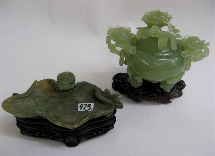 Appraisal: CHINESE JADE HARDSTONE AND SOAPSTONE CARVINGS the Jade three-footed covered