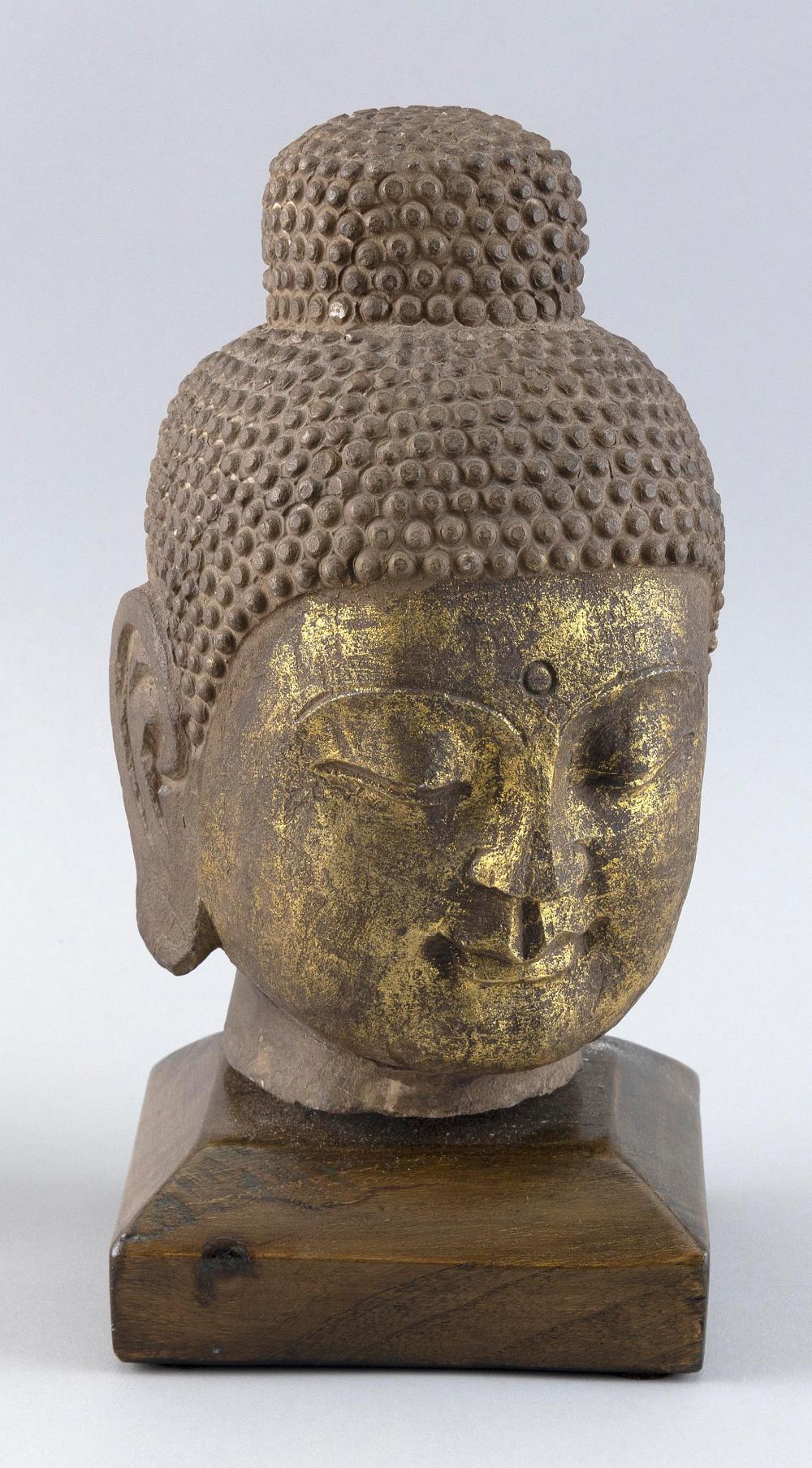 Appraisal: CHINESE CARVED STONE BUDDHA HEAD WITH GILT FINISH EARLY TH