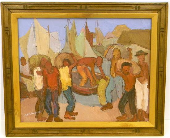 Appraisal: Carlo Jean Jacques acrylic on canvas Men and Boats eight