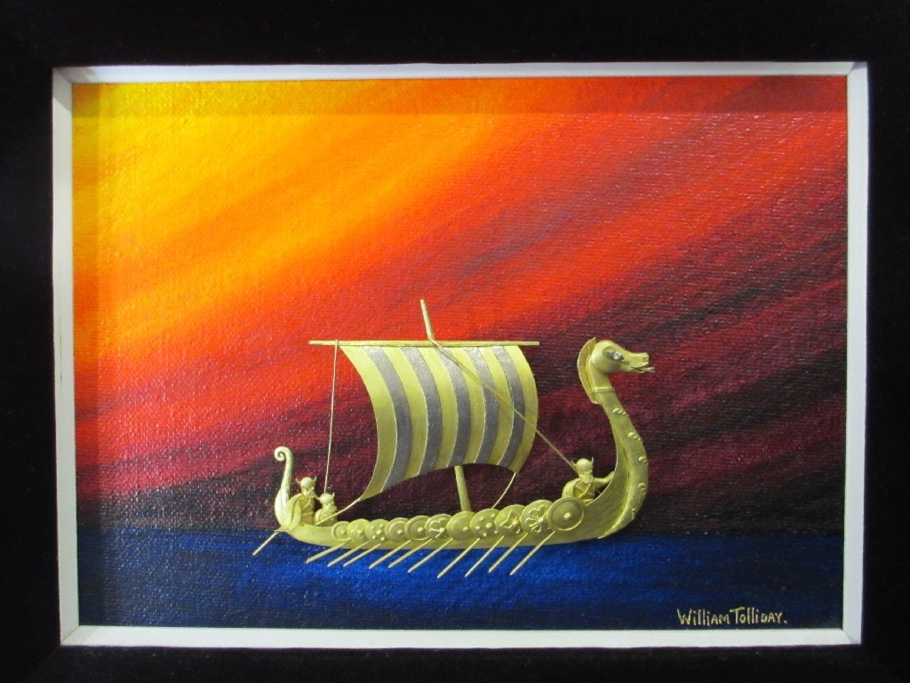 Appraisal: A framed bi colour gold study of a Viking longboat