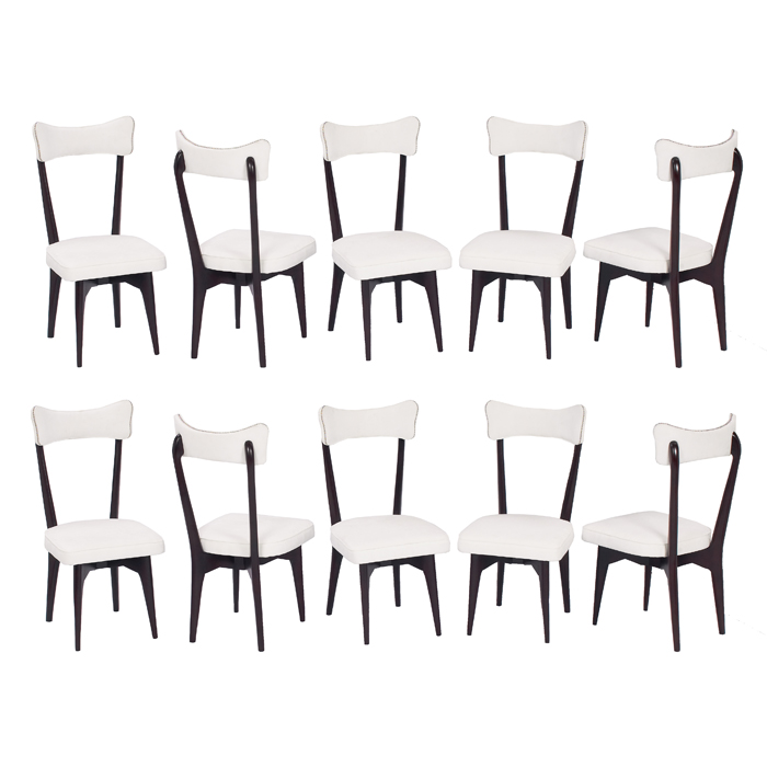 Appraisal: Italian dining chairs set of ten s sculptural walnut frames