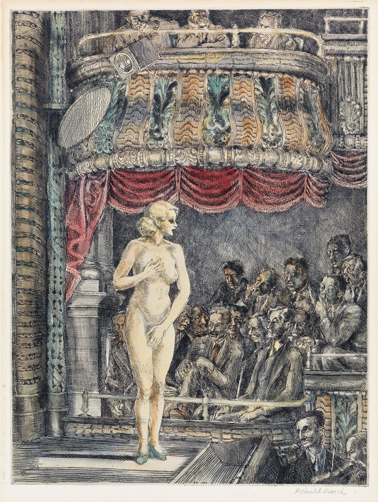 Appraisal: REGINALD MARSH Striptease at New Gotham Etching with hand coloring