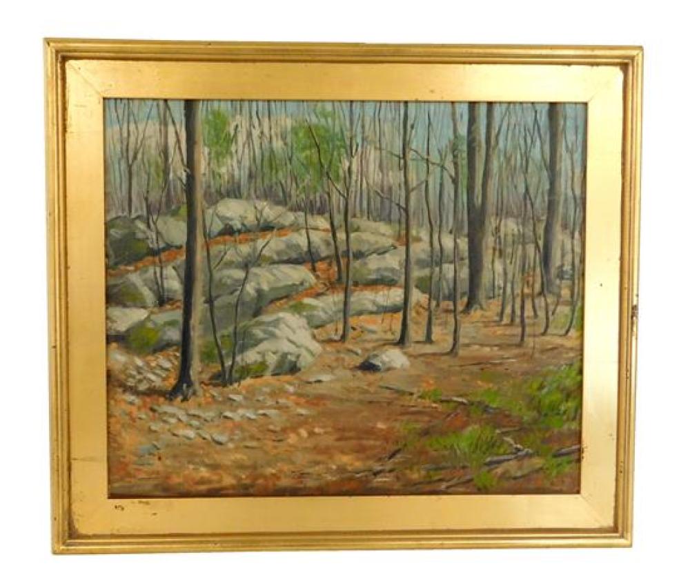 Appraisal: George Ladue oil on canvas depicts rock strewn woods bare