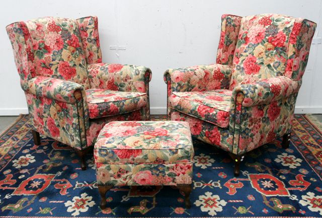 Appraisal: Five George II style floral upholstered wingback armchairs together with